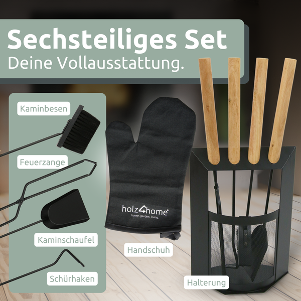 holz4home 6tlg. Kaminbesteck Schwarz mit Holzgriff inkl. Ofenhandschuh