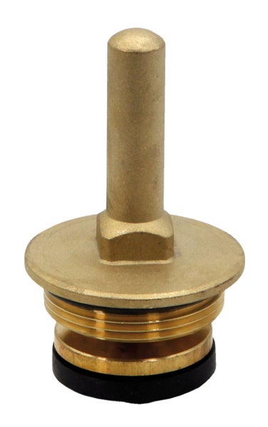 Ventiloberteil aus Messing mit langer Spindel, Gewinde und schwarzer Gummidichtung.