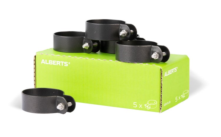 Set mit 5 Rohrpfostenschellen von Alberts inklusive Befestigungsmaterial und Produktverpackung