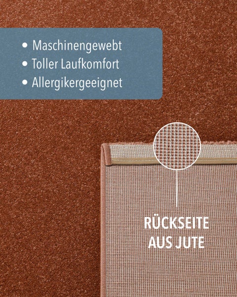Maschinengewebter Teppich mit Juterücken, allergikergeeignet, hoher Laufkomfort.