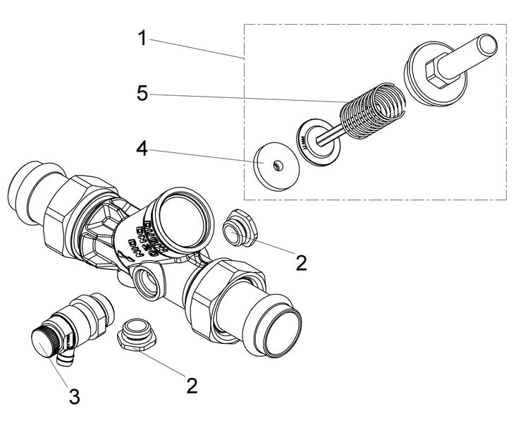 Technische Zeichnung einer Ventilbaugruppe mit nummerierten Ersatzteilen inklusive Feder, Dichtung und Stopfen.