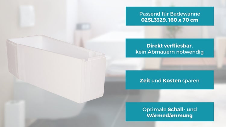 Calmwaters® Wannenträger 160 x 70 cm Essential Small, Passend für Eck-Badewanne 160x70 cm, Rechte Ausführung, Styroporträger, Schall- und wärmedämmend, Direkt verfliesbar, Weiß, 03AX4978