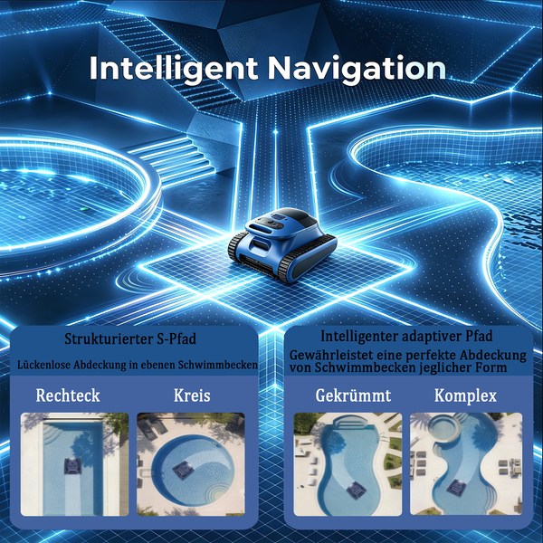 Poolroboter mit intelligenter Navigation für rechteckige, runde, geschwungene und komplexe Poolformen.