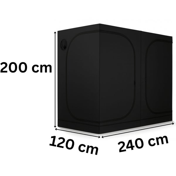 Abbildung eines Growzelts mit den Maßen 200 cm Höhe, 120 cm Tiefe und 240 cm Breite.
