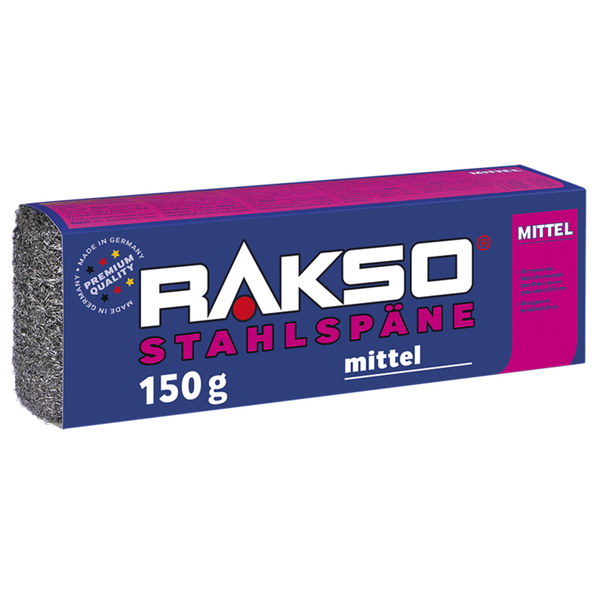 Rakso Stahlspäne mittel, 150 Gramm Packung, Premium-Qualität, hergestellt in Deutschland, zum Reinigen von Metall und Stein.