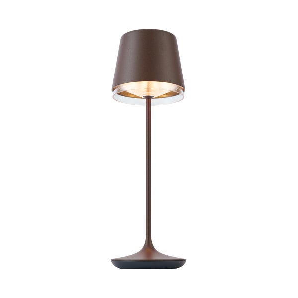 Moderne kabellose braune Tischleuchte mit schlankem Metallhals und glockenförmigem Schirm.