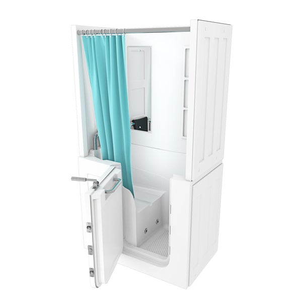 Seniorenbadewanne mit integrierter Dusche und offener Einstiegstür sowie Sitzgelegenheit.