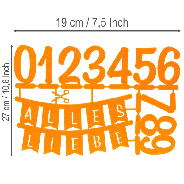 Dekorationsset mit Zahlen 0 bis 9 und einem Banner mit dem Schriftzug Alles Liebe, Abmessungen 19 Zentimeter mal 27 Zentimeter.