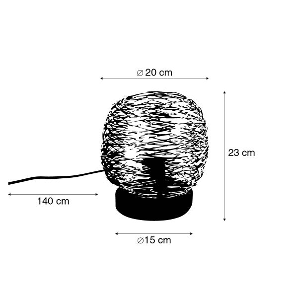 Abbildung einer Tischleuchte mit den Maßen: Durchmesser Lampenschirm 20 cm, Höhe 23 cm, Durchmesser Lampenfuß 15 cm und Kabellänge 140 cm.