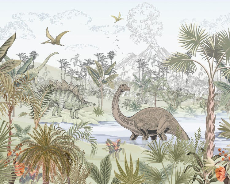 Illustration einer Dinosaurierlandschaft mit tropischer Vegetation