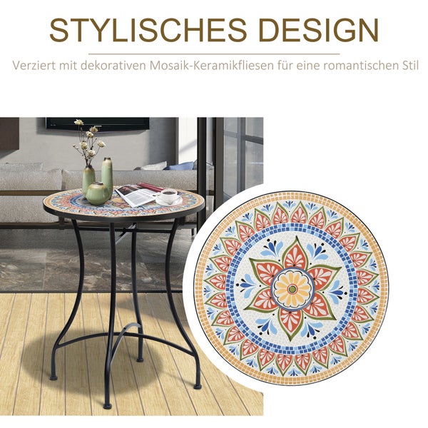 Outsunny Gartentisch Ø60 cm, Wetterfest Balkontisch aus Metall, Esstisch Outdoor, Campingtisch Beistelltisch, rund Terrassentisch für Garten Terrasse Balkon Rot+Blau+Weiß