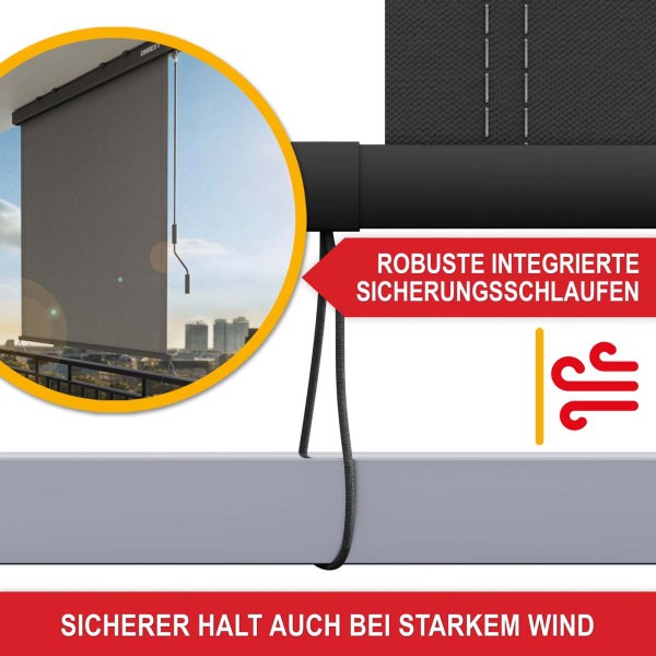 Balkonrollo mit robusten integrierten Sicherungsschlaufen für sicheren Halt bei starkem Wind.