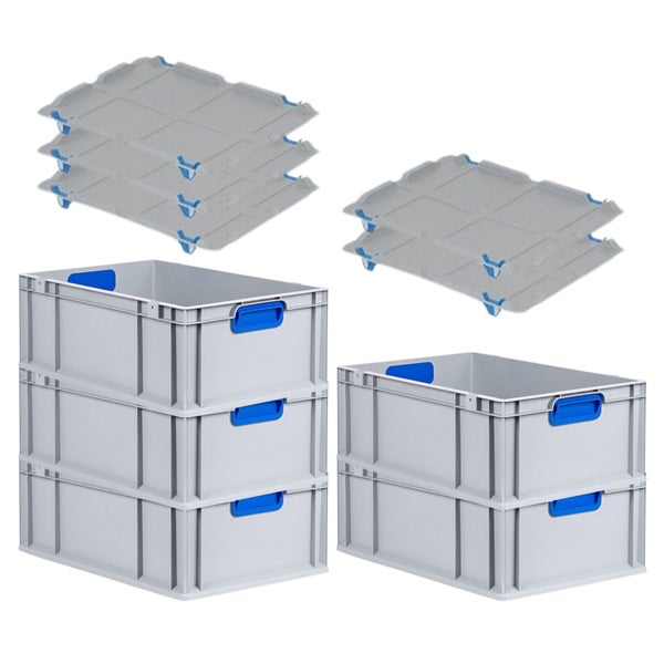 PROREGAL Spar Set 5x Eurobox Nextgen Color Mit Auflagedeckel & Schiebeschnappverschlüsse HxBxT 22 x 40 x 60 cm Griffe Blau Verstärkter Boden