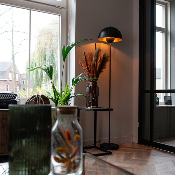 Wohnzimmer mit Stehlampe, Pflanze und Dekorationen auf Tisch