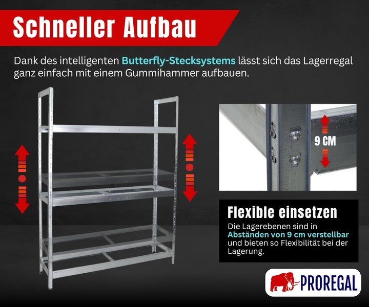 Verzinktes Schwerlastregal mit Butterfly-Stecksystem und in 9 cm Schritten höhenverstellbaren Fachböden. PROREGAL Logo.