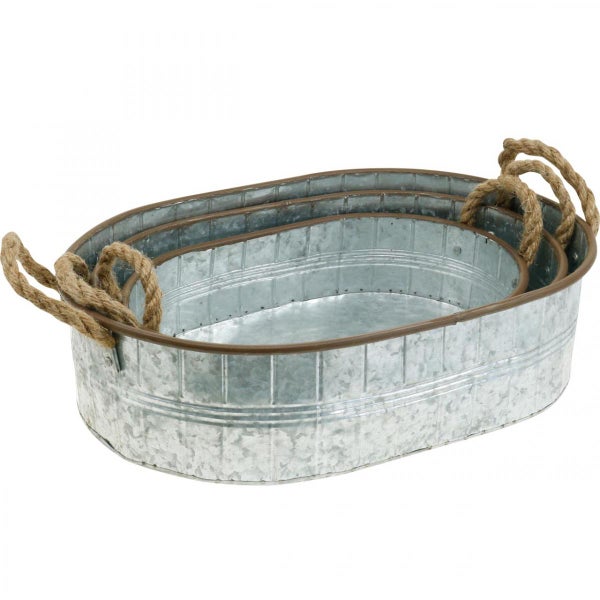 Set aus drei ovalen Zinkwannen mit Seilgriffen