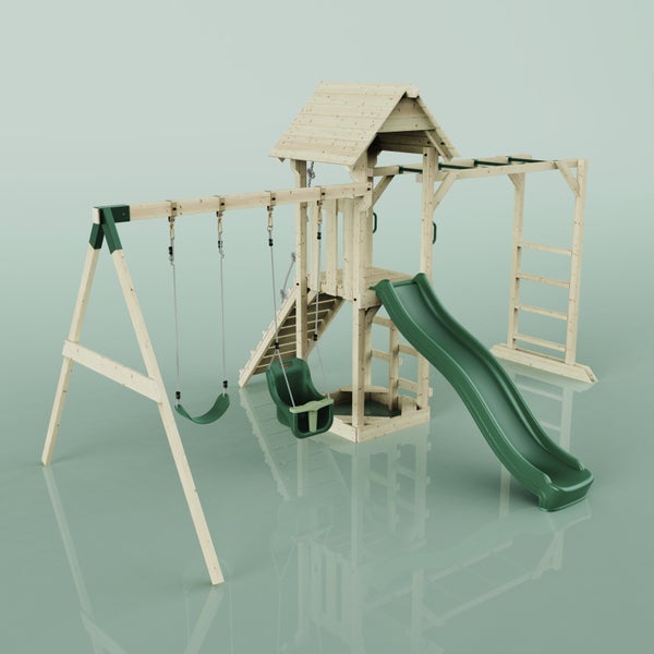 Spielplatz mit Schaukeln, Rutsche und Klettergerüst aus Holz