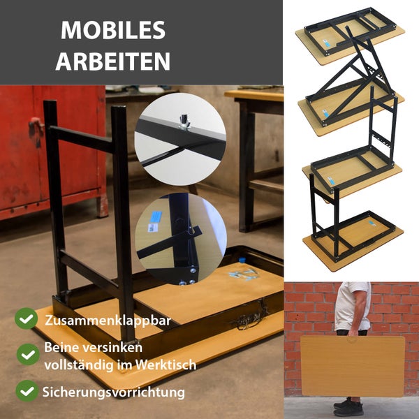 Mobiler Werktisch mit klappbaren Metallbeinen, Darstellung des Klappmechanismus, der Sicherungsvorrichtung und der Tragbarkeit im flachen Zustand.