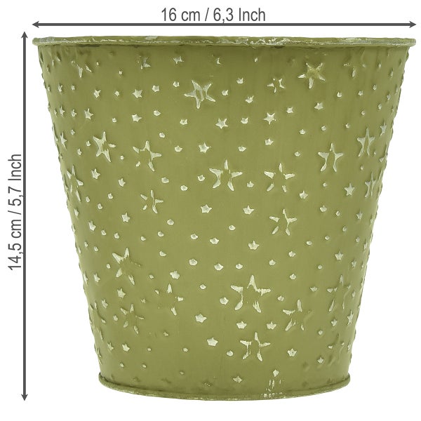 Olivgrüner Metall-Blumentopf mit Sternenmuster, Durchmesser 16 Zentimeter, Höhe 14,5 Zentimeter.