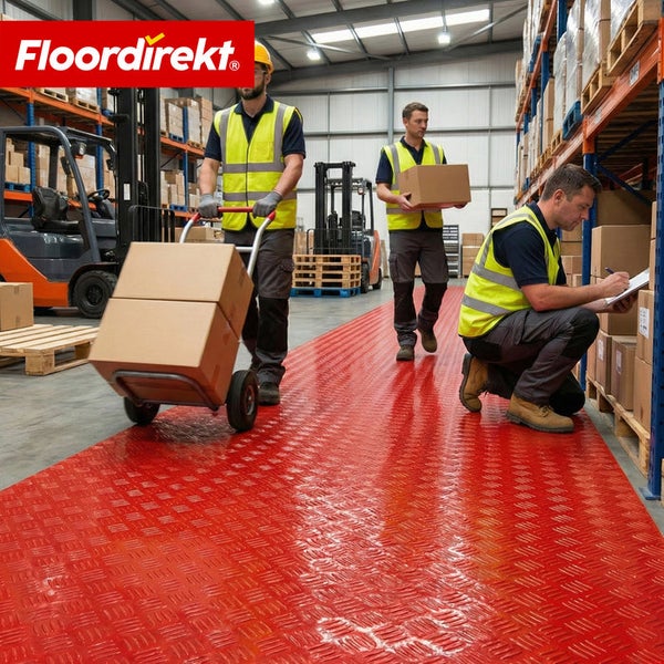 Szene in einem Lager mit Gabelstaplern, Regalen und Arbeitern auf einem Bodenbelag von Floordirekt