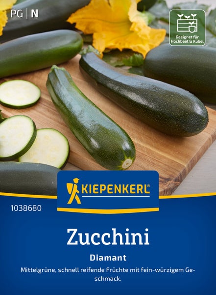 Saatgut Zucchini Diamant von Kiepenkerl auf einem Holzbrett mit Symbol für Hochbeet und Kübel.