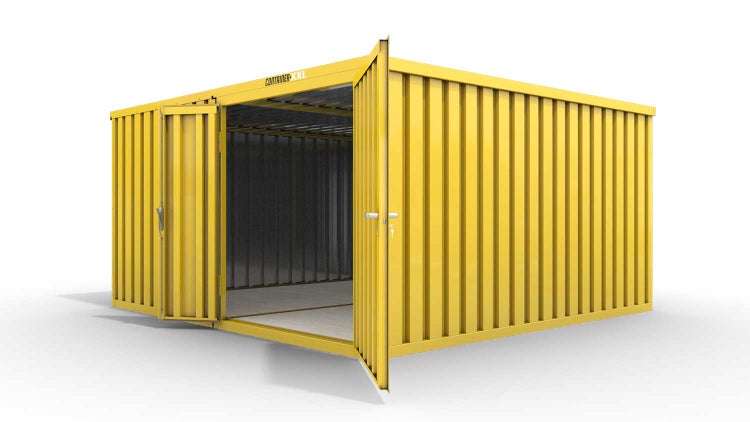 Lagercontainer Gerätehaus M2  – 12 qm, H2150 x B3050 x T4340 mm, Außenwandlackierung RAL 1003 signalgelb, Dach außen verzinkt, mit Holzfußboden, 1830 mm Doppelflügeltür mittig in Modul D, montiert