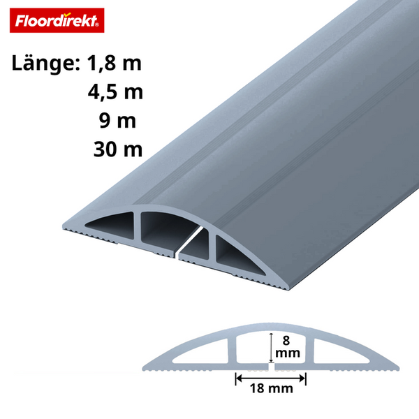 Floordirekt Logo. Kabelbrücke für Bodenmontage. Längen ein Komma acht Meter bis dreißig Meter. Kanal acht Millimeter mal achtzehn Millimeter.