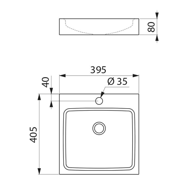 Maßskizze eines quadratischen Waschbeckens: Breite 395 mm, Tiefe 405 mm, Höhe 80 mm, Armaturloch Durchmesser 35 mm.