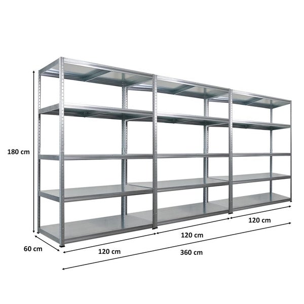 Drei silberfarbene Metallregale mit vier Regalböden, jeweils 180 cm hoch, 60 cm tief und 120 cm breit, ergeben zusammen eine Gesamtbreite von 360 cm.