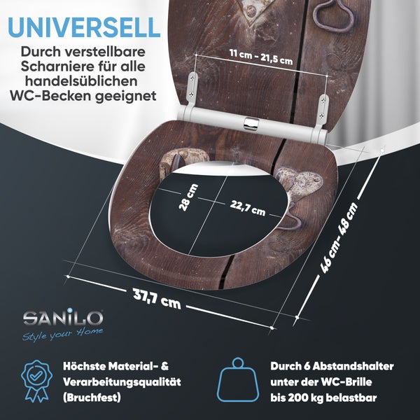 Sanilo WC-Sitz mit Holzdekor und Mausmotiv. Maße: 37,7 mal 46 bis 48 Zentimeter. Belastbar bis 200 Kilogramm. Bruchfest. Sanilo Logo.