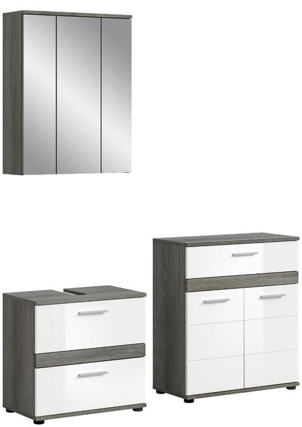 Badezimmermöbel-Set mit dreitürigem Spiegelschrank, Waschbeckenunterschrank und Beistellschrank in grauer Holzoptik mit weißen Glanzfronten.