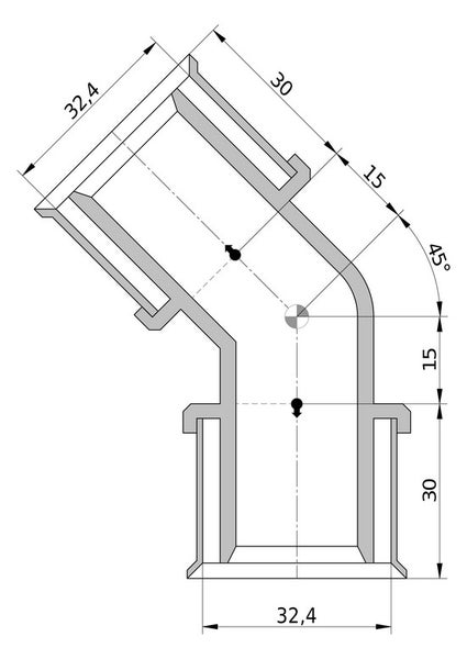 Technische Zeichnung eines HT-Bogens 45 Grad mit Maßangaben von 32,4 Millimetern für Abwasserleitungen.
