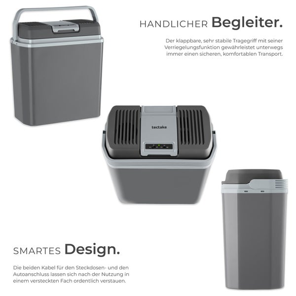 Elektrische Kühlbox tectake mit klappbarem Tragegriff, Bedienfeld für Kühl- und Wärmefunktion sowie Eco- und Max-Modus.