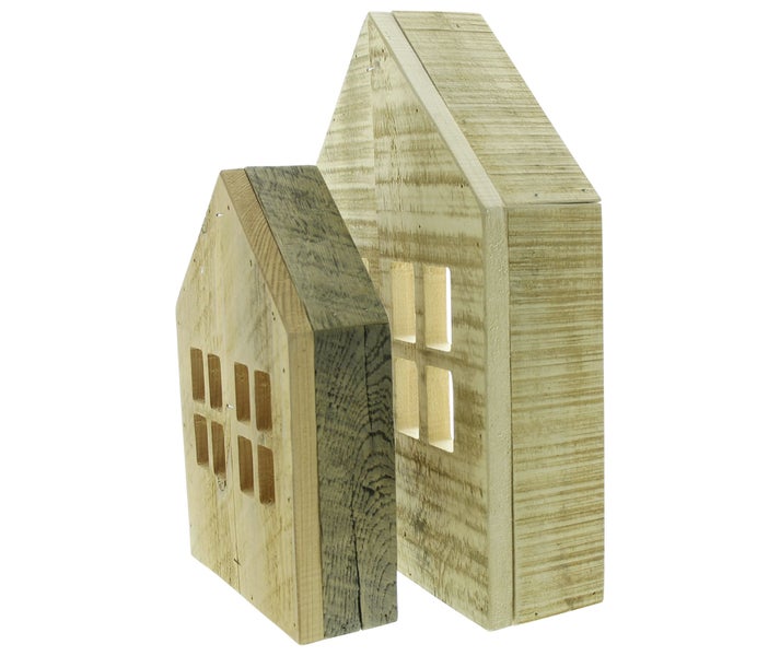 FRANK FLECHTWAREN | Holzdeko Häuschen, 2er Set, HOLZ, 18 x 6 x 27 cm, 25 x 8 x 37 cm