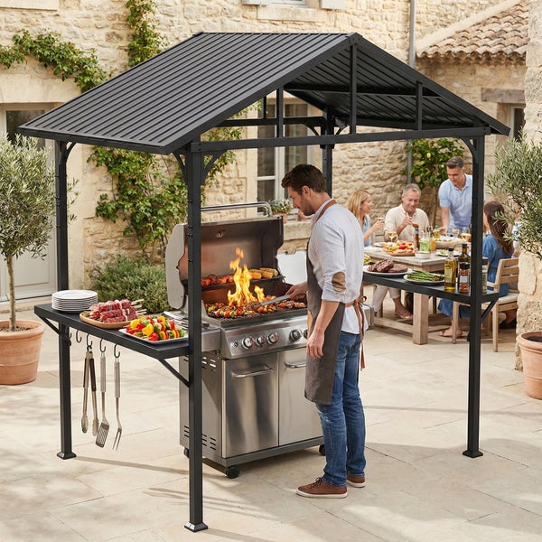 Ein Mann grillt an einem Gasgrill unter einem schwarzen Grillpavillon aus Metall mit Seitenablagen auf einer gepflasterten Terrasse im Garten.