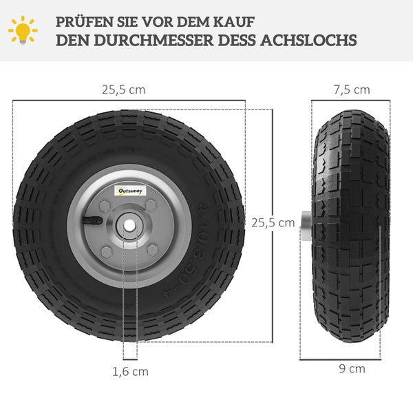 Outsunny Ersatzrad: Durchmesser 25,5 Zentimeter, Achsloch 1,6 Zentimeter, Reifenbreite 7,5 Zentimeter, Nabenbreite 9 Zentimeter.