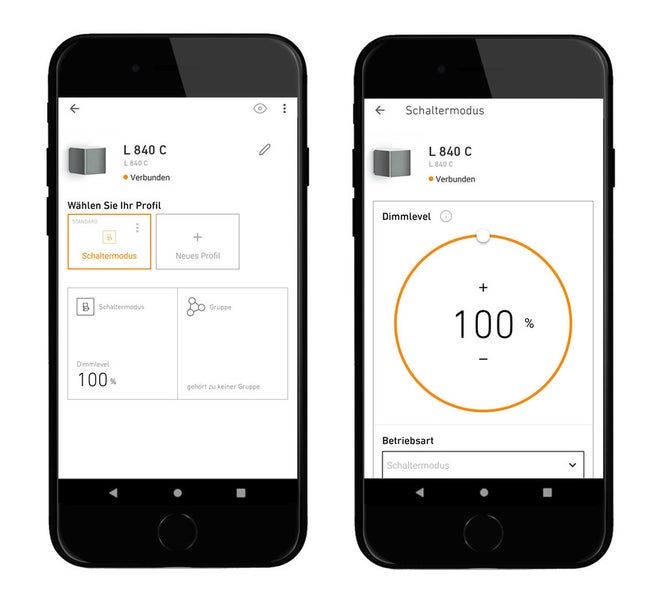 App-Steuerung für Außenleuchte L 840 C auf zwei Smartphones mit Dimmlevel-Einstellung und Profilauswahl.