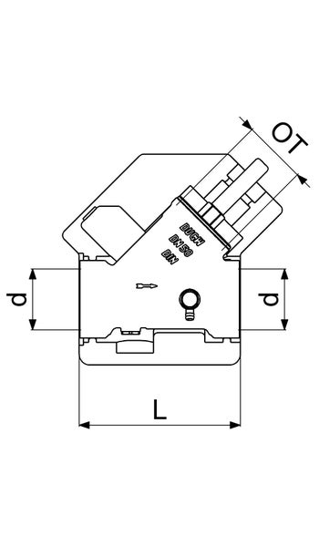 Technische Zeichnung eines Schrägsitzventils mit Bemaßungen für Länge L, Durchmesser d und Oberteilhöhe OT sowie Kennzeichnung DN 50.