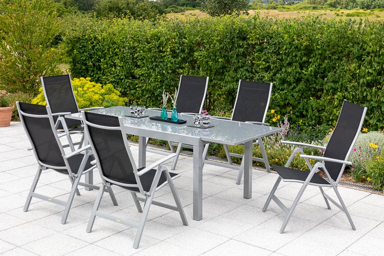 Carrara Gartenmöbelset 7tlg., Semi Ausziehtisch 150 (220) x 90 cm, schwarz