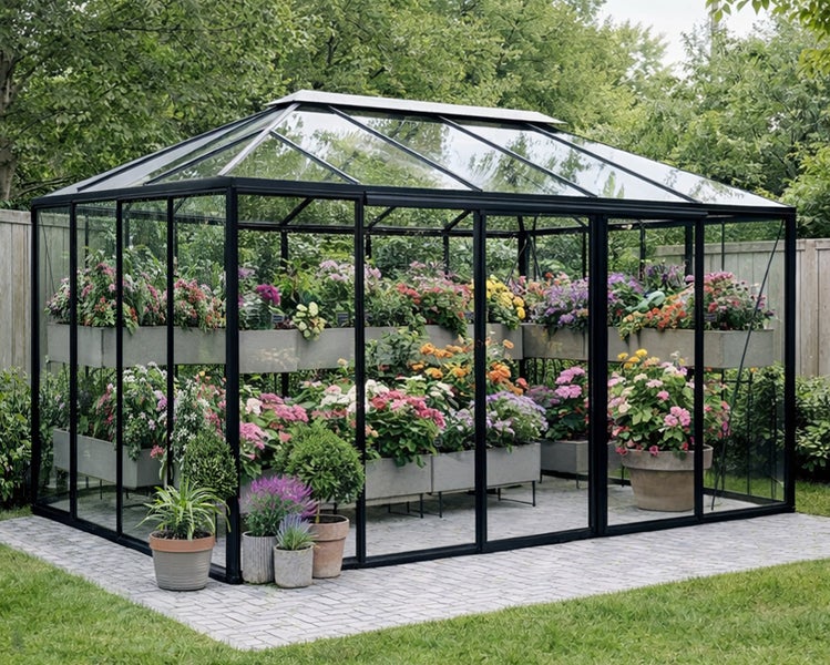 Geräumiges Glasgewächshaus mit schwarzem Metallrahmen, gefüllt mit bunten Blumen in Pflanzkästen auf einer gepflasterten Terrasse.