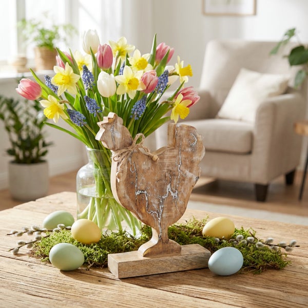 Osterdekoration mit einer Holzfigur in Hahnform, Frühlingsblumen in einer Glasvase, Moos, Weidenkätzchen und bemalten Eiern auf einem Holztisch.