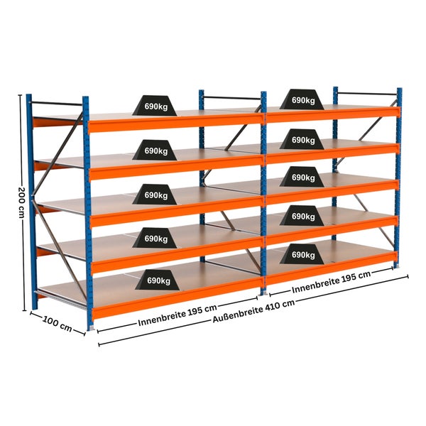 Belastbares Schwerlastregal mit vier Ebenen und Gewichtsangaben