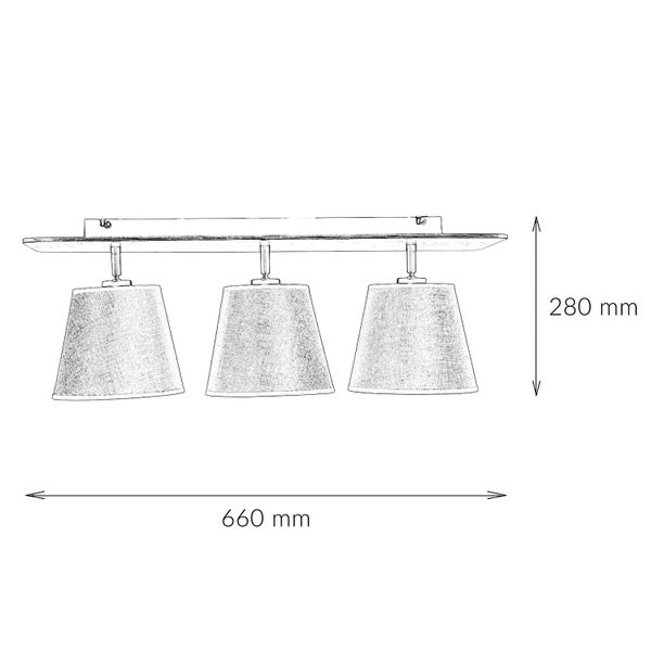 Skizze einer Deckenleuchte mit drei Lampenschirmen und den Maßen 660 Millimeter Breite und 280 Millimeter Höhe.