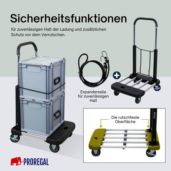 Proregal Plattformwagen mit Sicherheitsfunktionen wie Expanderseilen zur Ladungssicherung und einer rutschfesten Oberfläche. Proregal Logo.