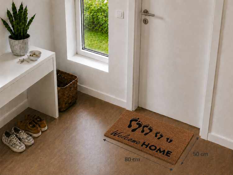 Fußmatte Welcome HOME mit Fußabdrücken vor einer weißen Tür in einem hellen Flur, Maße 80 Zentimeter mal 50 Zentimeter.