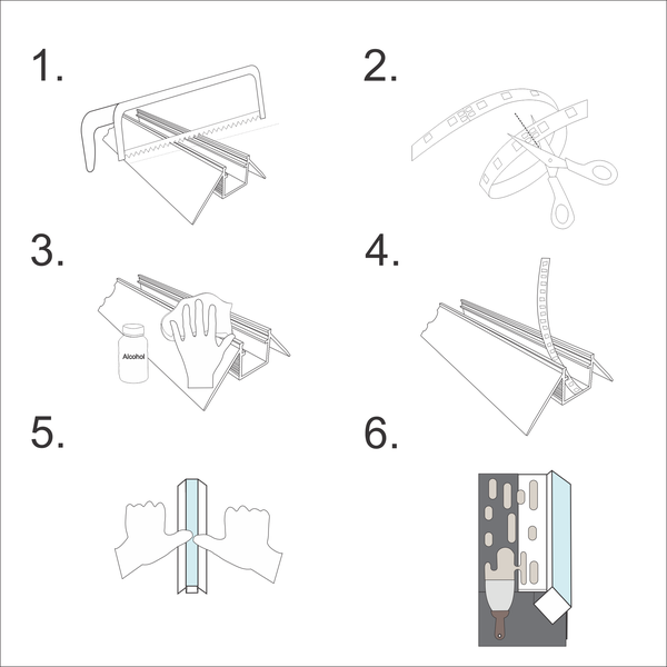 Anleitung zur Montage von LED-Leisten: Zuschneiden, Reinigen, Anbringen der LED-Streifen und Anbringen des Profils.