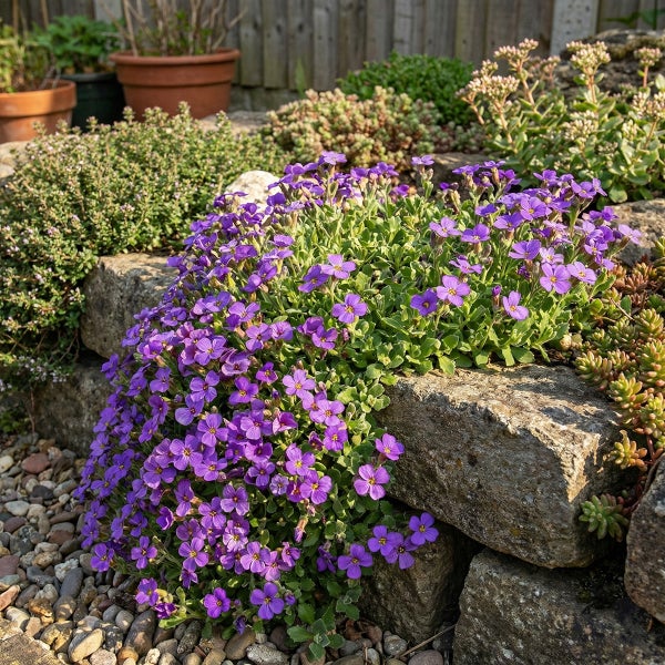 Blühendes lila Blaukissen wächst über graue Natursteine in einem Steingarten mit weiteren Gartenpflanzen und Terrakottatöpfen.