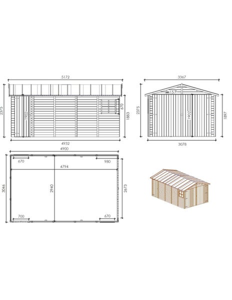 Technische Zeichnung mit Maßen für ein Holzgartenhaus mit Satteldach, Seitenansicht, Frontansicht, Grundriss und isometrischer Darstellung.