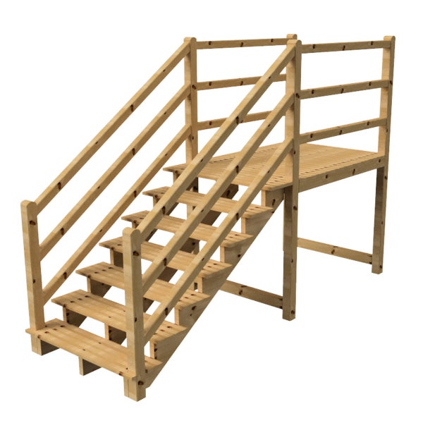 Holztreppe mit Geländer und Plattform