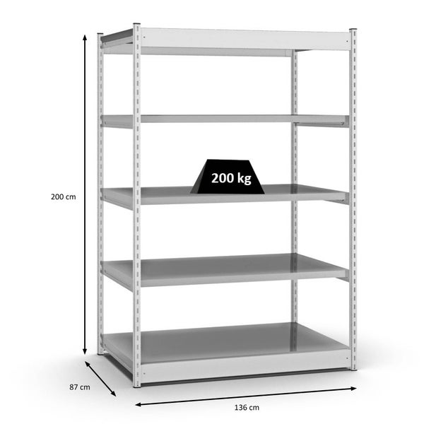 PROREGAL Fachbodenregal Stecksystem Vierkant-Profil Grundregal HxBxT 200 x 132,5 x 80 cm 5 Ebenen Einseitige Bauart Fachlast 200 kg Lichtgrau